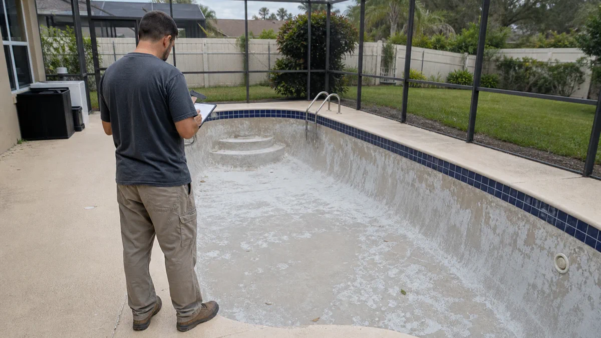 Illustrative screened-pool access and finish review setup for Palm Bay pool resurfacing